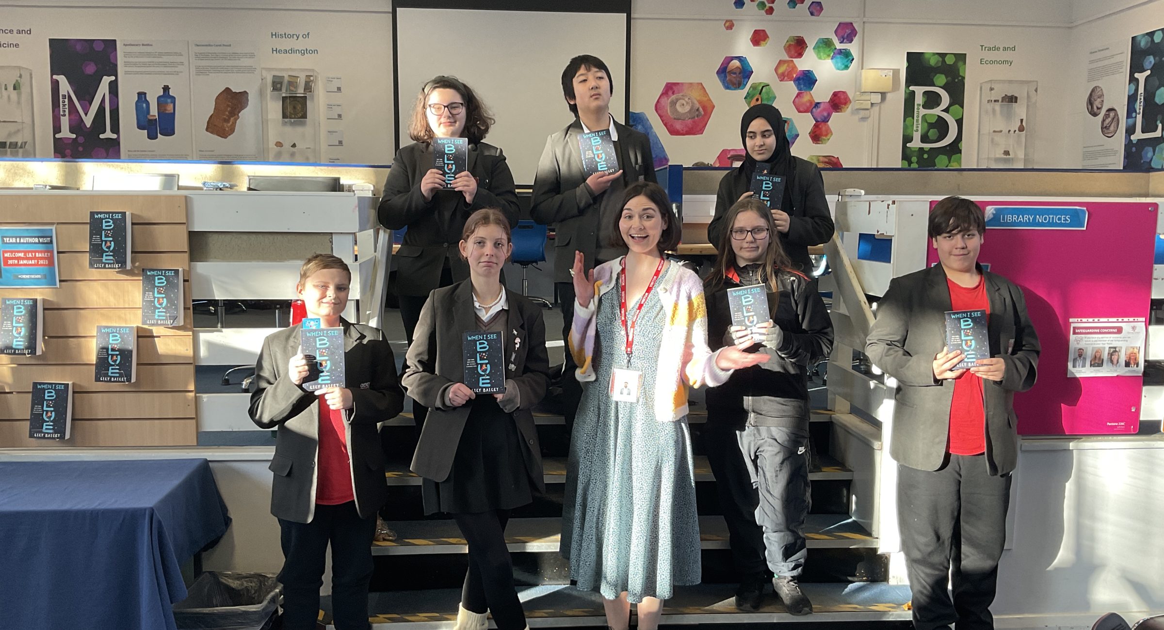 Author Lily Bailey with Year 8 students, Cheney library