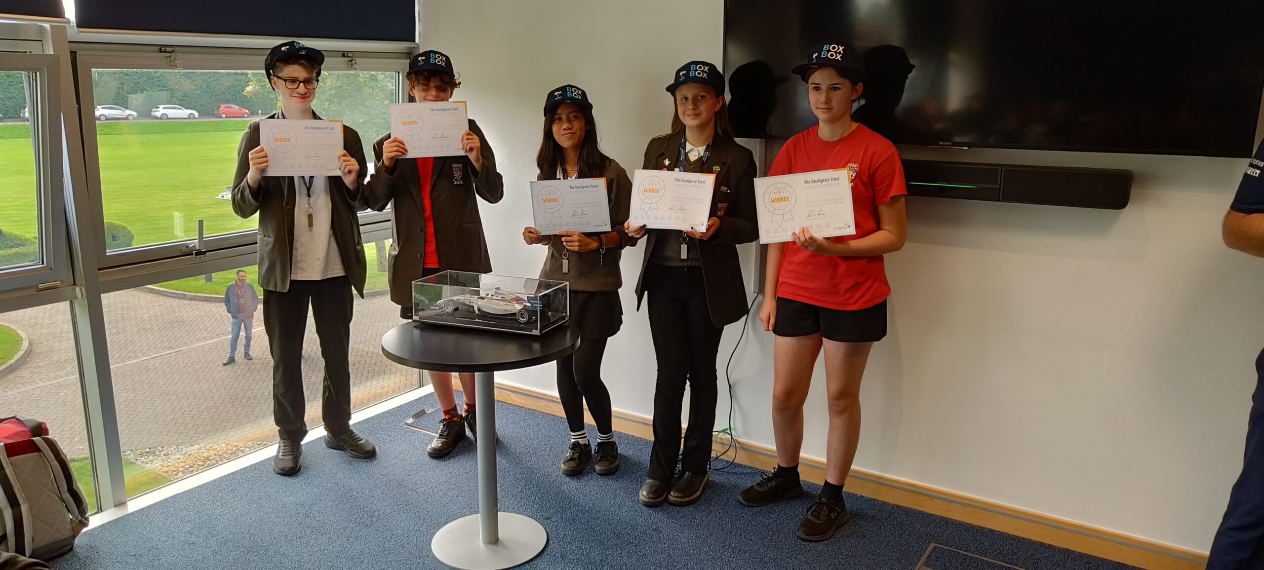 Year 9s with winner certificates at Williams Racing, 5th October 2023