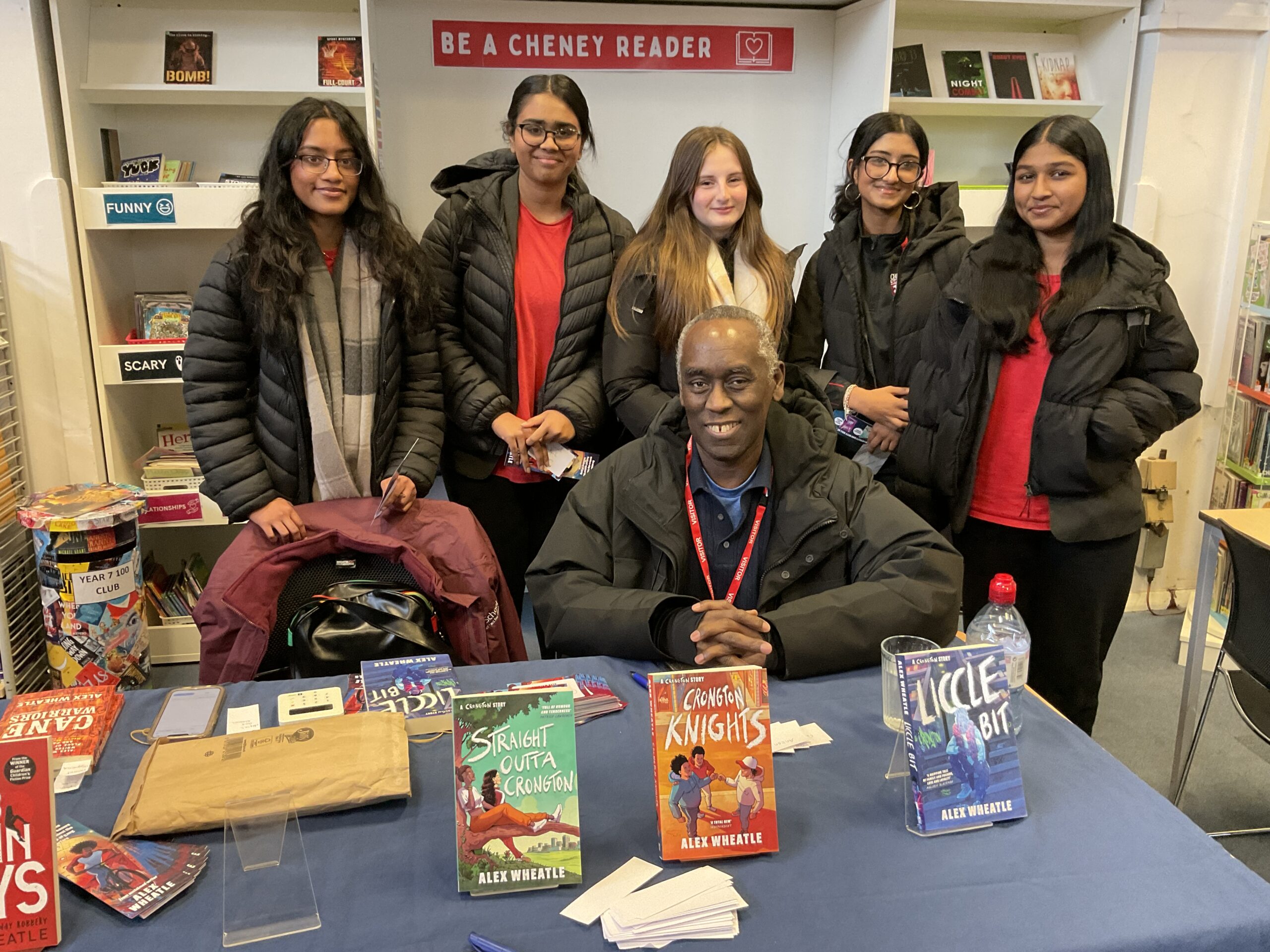 Author Alex Wheatle with Year 10 students in Cheney library